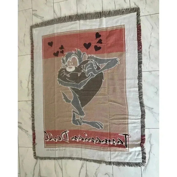 VTG 1993 Warner Brothers Tasmanian Devil In Love Throw Blanket Tassels - Picture 3 of 5